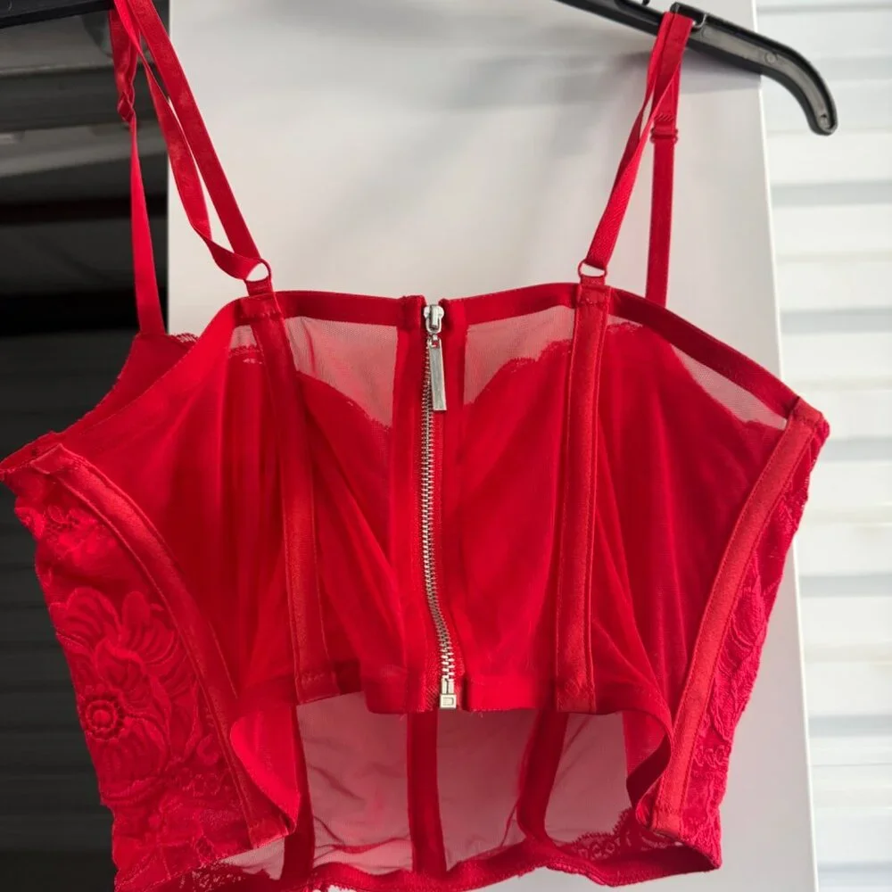 Say What Corset Crop top, Lace, Red, Medium - Picture 2 of 7